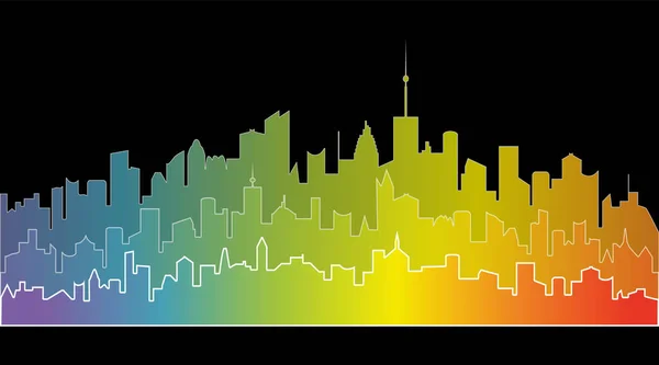 Arco iris ciudad paisaje en negro. Siluetas horizontales de edificios. Jpeg ilustración de la zona residencial de la ciudad moderna —  Fotos de Stock