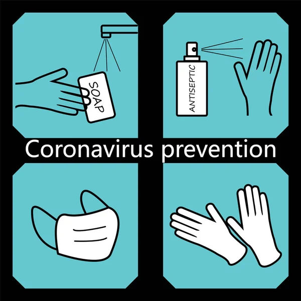 コロナウイルスの病気の予防の輪郭のアイコンは消毒 衛生を示す コロナウイルスの拡散を防ぐためのルールのベクトル概念は 医療用マスクを着用し 手を洗う 防腐剤と手袋を使用してください — ストックベクタ