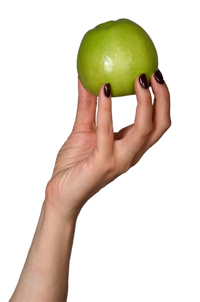 Γυναικείο Χέρι Ένα Μήλο Απομονωμένο Λευκό Φόντο Μονοπάτι Απόληξης — Φωτογραφία Αρχείου