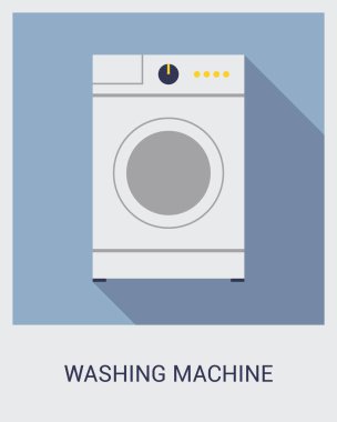 Mavi arka planda beyaz çamaşır makinesi. Uzun gölgeli düz bir simge.