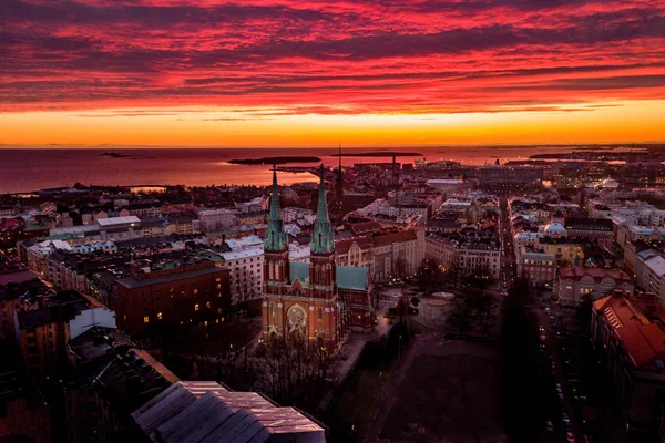 Aerial View John Church Johanneksenkirkko Sunset Background Finland Helsinki — Stock Photo, Image