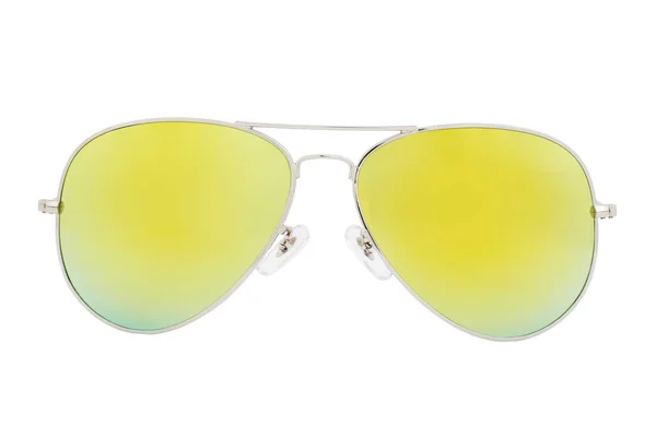 Óculos Sol Prata Com Lente Espelho Amarelo Isolado Fundo Branco — Fotografia de Stock