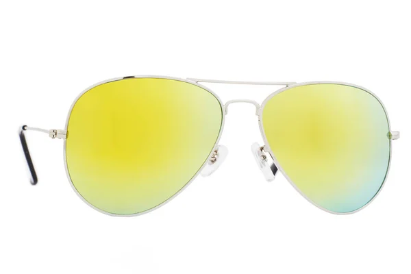 Óculos Sol Prata Com Lente Espelho Amarelo Isolado Fundo Branco — Fotografia de Stock
