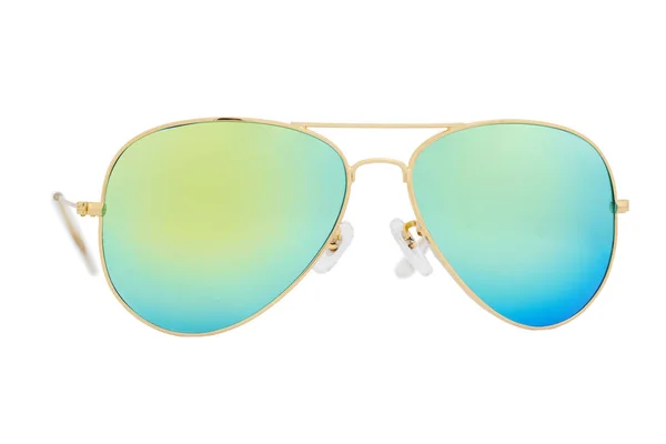 Óculos Sol Dourados Com Lente Espelho Azul Isolada Fundo Branco — Fotografia de Stock