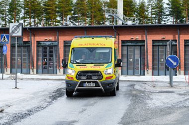 Joensuu, Finland - March 17, 2020: Ambulance car moving from the Rescue Department