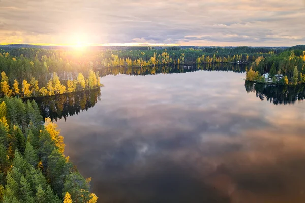 Aerial view of Harvinjarvi lake in Finland. Finnish nature. Beautiful gold autumn.