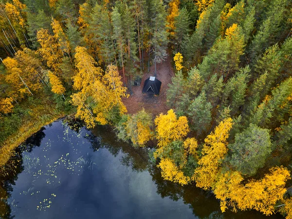 Flygfoto Över Harvinjarvi Sjö Finland Den Finska Naturen Vacker Guldhöst — Stockfoto
