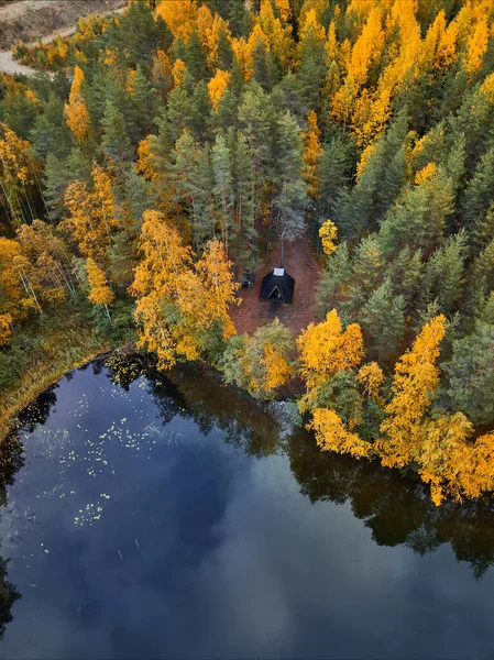 Aerial view of Harvinjarvi lake in Finland. Finnish nature. Beautiful gold autumn.