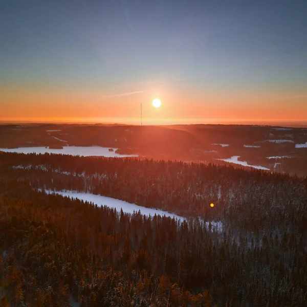 Flygfoto Över Berget Ukko Nationalparken Koli Finland Mot Fantastisk Solnedgång — Stockfoto