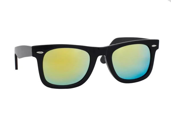 Gafas Sol Negras Con Lente Espejo Amarillo Azul Aislada Sobre — Foto de Stock