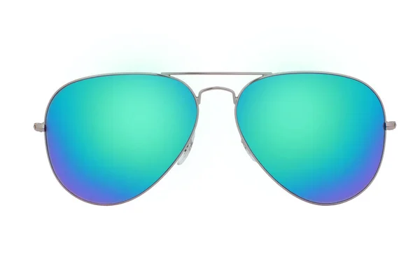 Zilveren Zonnebril Met Blauwe Kameleon Spiegel Lens Geïsoleerd Witte Achtergrond — Stockfoto