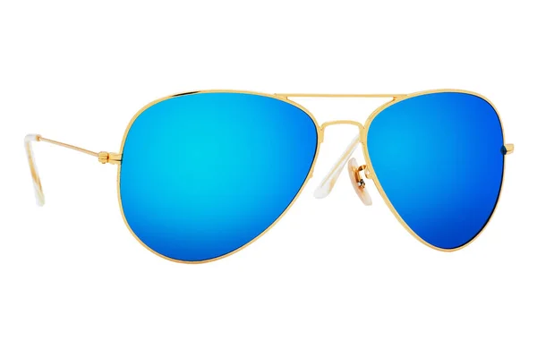 Gold Sunglasses Blue Mirror Lens Isolated White Background — Stock Photo, Image