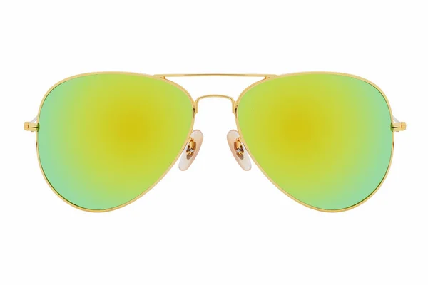 Óculos Sol Dourados Com Lente Espelho Amarelo Isolada Fundo Branco — Fotografia de Stock