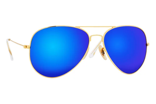Óculos Sol Dourados Com Lente Espelho Azul Isolada Fundo Branco — Fotografia de Stock
