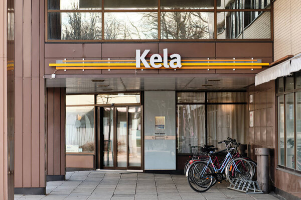Joensuu, Finland - March 27, 2020: the entrance of the office of The Social Insurance Institution of Finland Kela