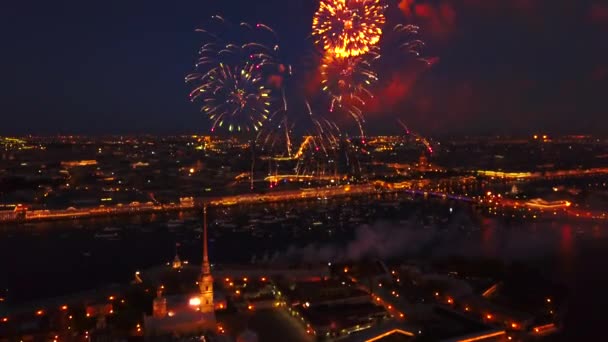 Vista Aérea Fortaleza Pedro Pablo Fuegos Artificiales Río Neva San — Vídeo de stock