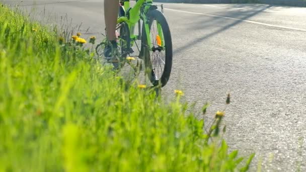 Green City Bike Moves Asphalt Road Background Grass Flowers — Stock Video
