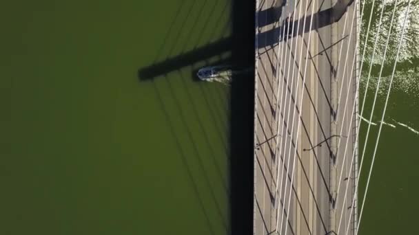 橋の下からボートが出てくる 車は橋の上を移動する 川の水は緑 — ストック動画