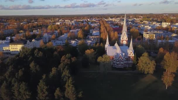 Vista Aérea Iglesia Joensuu Otoño Finlandia — Vídeos de Stock