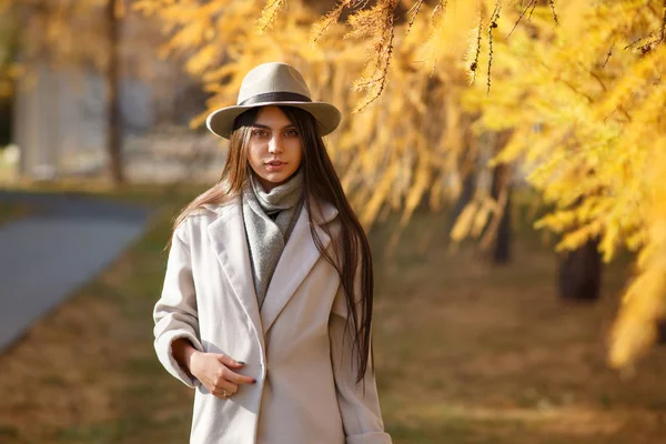 Portrait d'une belle jeune fille en manteau et chapeau dans le parc — Photo