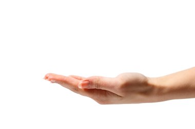 female open palm side view. isolated on white background. concept of presentation, advertising, and value. with a place for the inscription