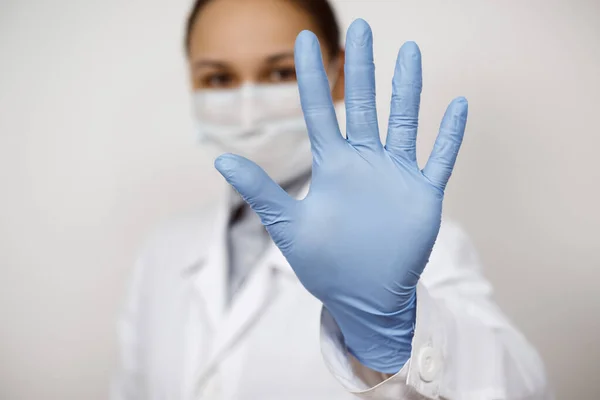 Female Infectious Disease Doctor Protective Mask Medical Gloves White Background — Stock Photo, Image