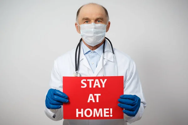 Portrait Male Doctor Medical Protective Mask Gloves Stay Home Poster — Stock Photo, Image