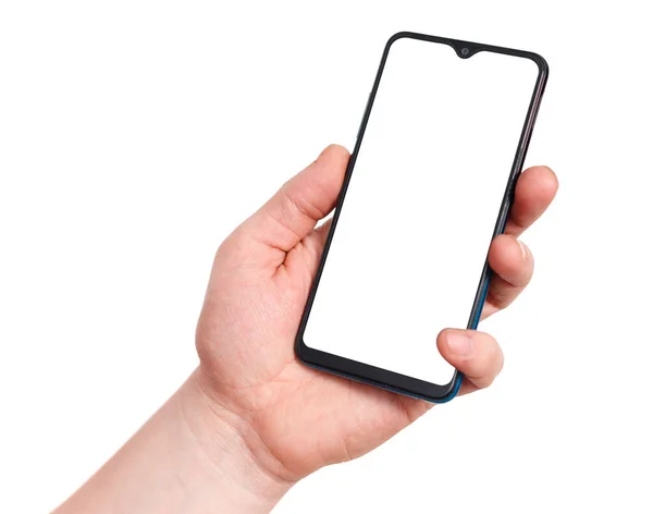 Boş ekranlı cep telefonuyla el ele tutuşmak. Beyaz arkaplanda izole.