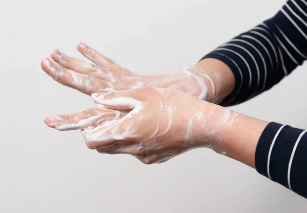 Hygiene to protect human health from viruses, hand washing with soap process. On white background.