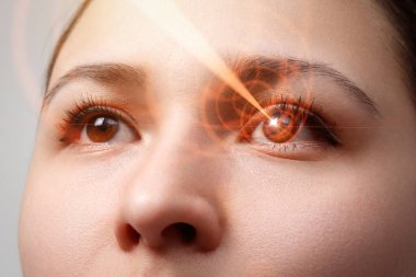 Lazer görüş düzeltmesi. Kadın gözü. İnsan gözü. Lazer düzeltmeli kadın gözü. Görme konsepti