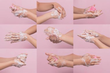 İnsan sağlığını virüslerden korumak için hijyen sabunla el yıkama. Pembe arka planda. Kolaj, yüksek çözünürlük.