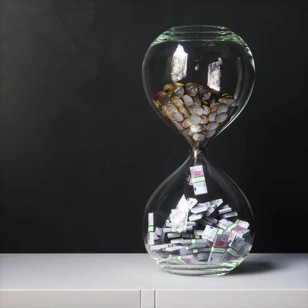 Conceptual financial picture - money in the sand clock. 3d rende — Stock Photo, Image