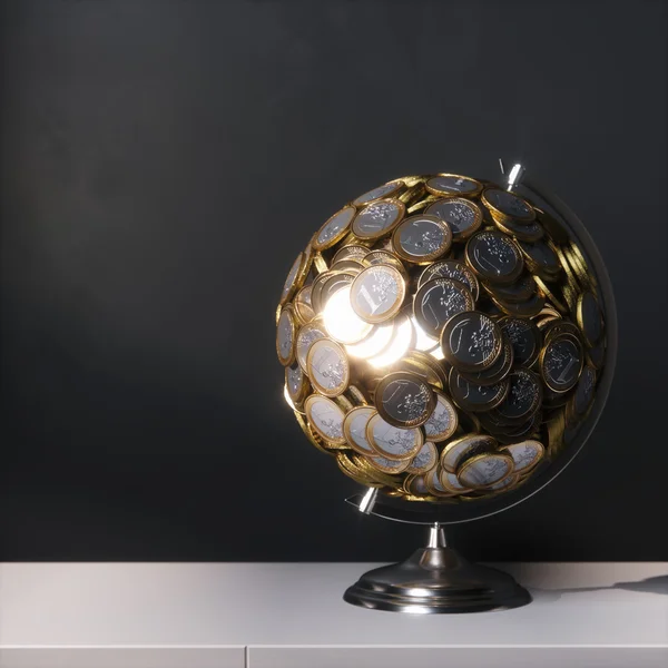 Globe créé de pièces en euros se dresse sur la surface blanche. Tendance 3d — Photo