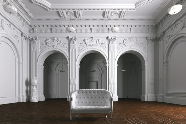 Βίλα Αρχοντικό πολυτελή εσωτερικό με στήλες. Λευκό δερμάτινο καναπέ. — Φωτογραφία Αρχείου