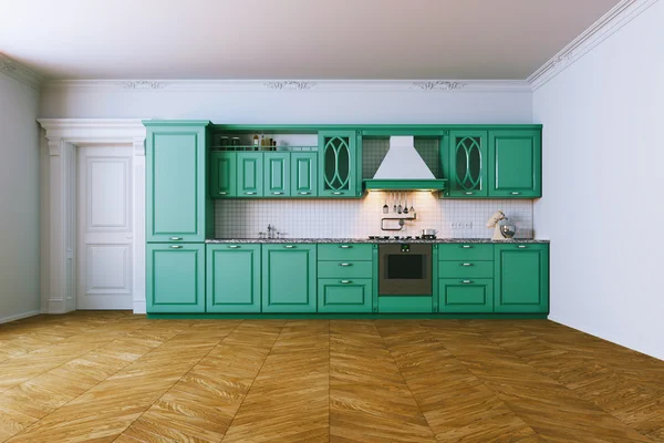 Drewniane kuchnia niebieski wnętrza w klasycznym stylu Zobacz 2. renderowania 3D — Zdjęcie stockowe