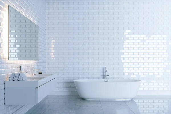 Neues weißes Badezimmer mit großer Keramik-Badewanne Blick 1. 3D-Darstellung — Stockfoto