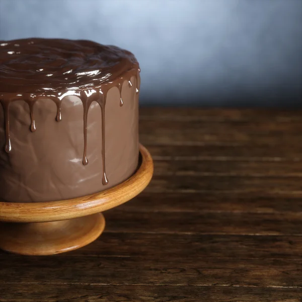 美味的巧克力蛋糕，木制表面上。3d 渲染 — 图库照片