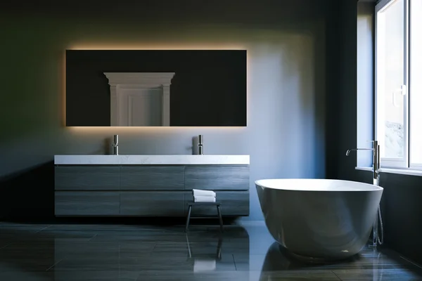 Luxury hi-tech bathroom with big mirror and window. 3d render — Stock Photo, Image