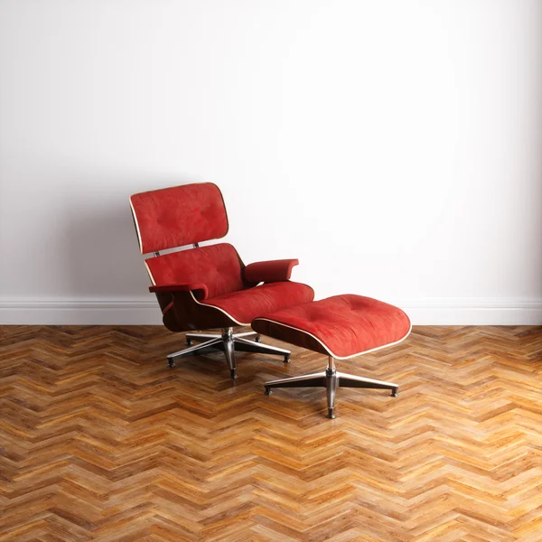 Czerwony fotel w nowy biały loft wnętrz 3d renderowania — Zdjęcie stockowe