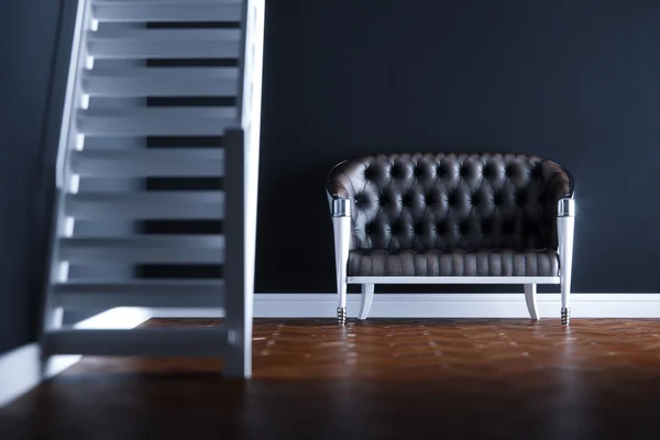 Vintage leather sofa in new black interior on wooden parquet flo — Stock Photo, Image