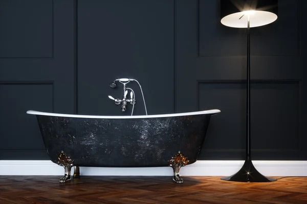 Vintage black bathtub with silver legs in antique interior with — Stock Photo, Image