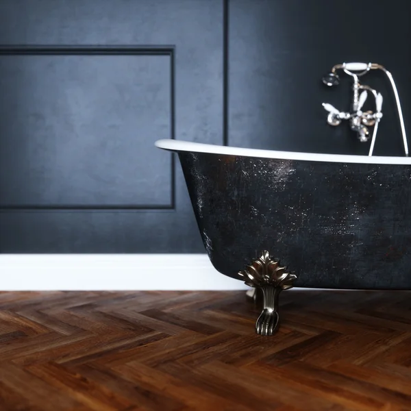 Vintage black bathtub with silver legs in antique interior with — Stock Photo, Image