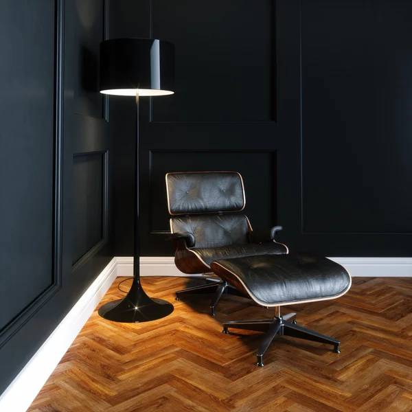 Cadeira lounge de couro em novo interior preto com parquet de madeira f — Fotografia de Stock