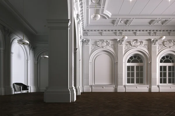 Grande interior branco da igreja com piso em parquet de madeira 3D render — Fotografia de Stock