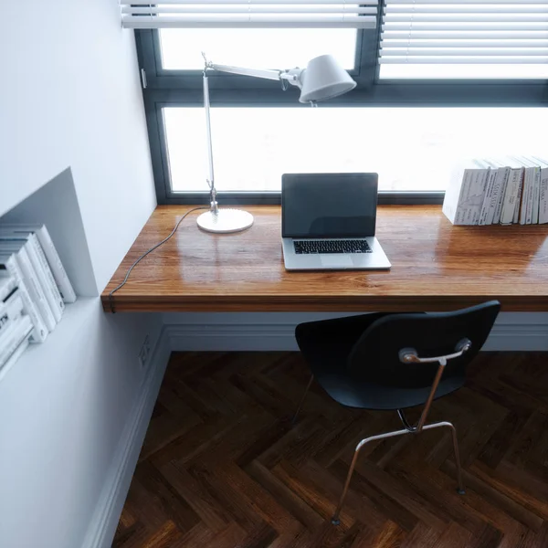 Lugar de trabajo en el nuevo diseño de estilo minimalista interior blanco 3d ren — Foto de Stock