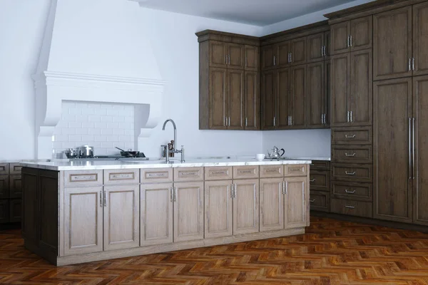 Ayuda de cocina clásica de madera e interior blanco con parque de madera —  Fotos de Stock