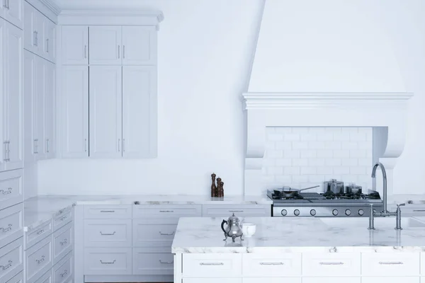 Auxílio de cozinha branco clássico e interior branco com parquet de madeira — Fotografia de Stock