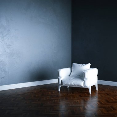 3D render beyaz koltukta beyaz iç perspektif kadar alay etmek