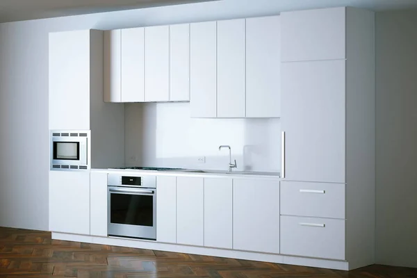3D vykreslení bílé moderní kuchyně v interiéru perspektivě — Stock fotografie