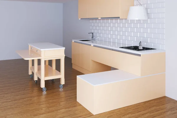 3D render beige kök i vitt rum — Stockfoto